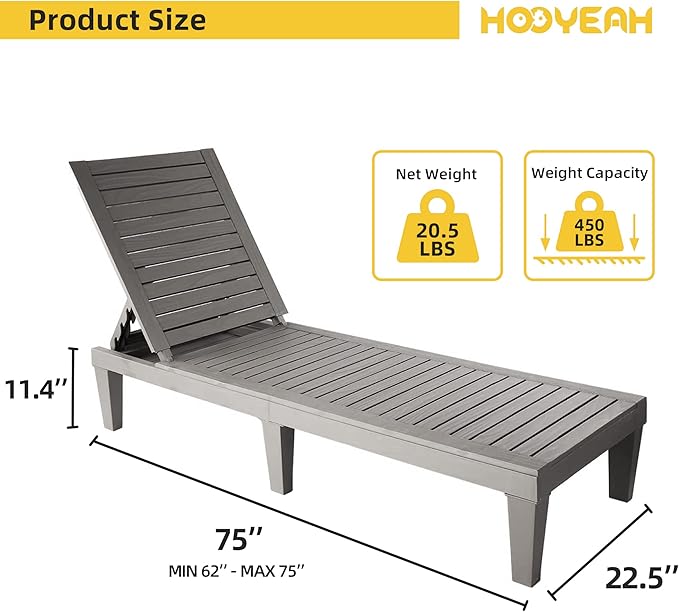 HOOYEAH Outdoor Chaise Lounge 4PCS, Adjustable Pool Lounge Chair with 5 Positions Backrest, Waterproof Sun Loungers, Durable Chair for Pool Beach Patio Garden Deck Sunbathing,Grey