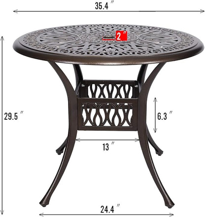 YUSING 35.4" Outdoor Dining Table,Patio Cast Aluminum Table,Furniture Set,Bistro Round Table with 2" Umbrella Hole for Kitchen,Garden,Yard