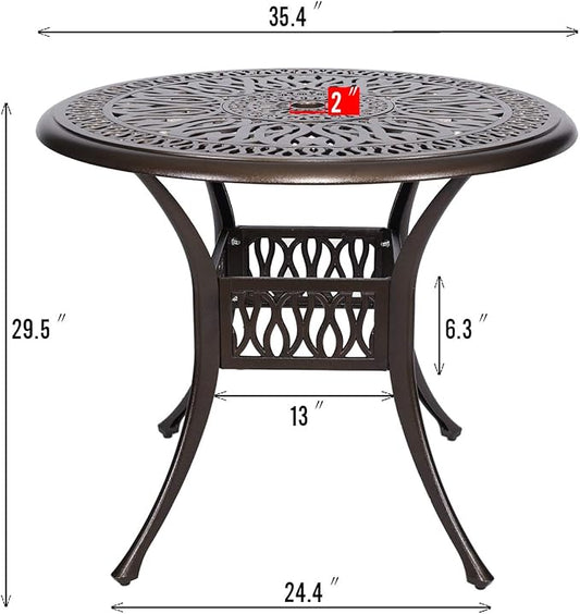 YUSING 35.4" Outdoor Dining Table,Patio Cast Aluminum Table,Furniture Set,Bistro Round Table with 2" Umbrella Hole for Kitchen,Garden,Yard