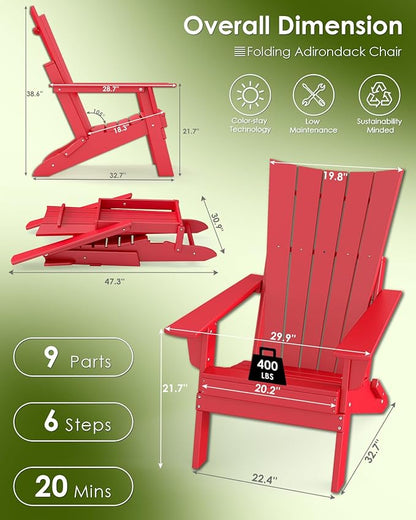 GREENVINES Folding-Adirondack-Chairs-Set-of-2 | HDPE Plastic | Arch Series | Fire Pit Chair | All Weather | for Outdoor Patio Deck Backyard Poolside | Red