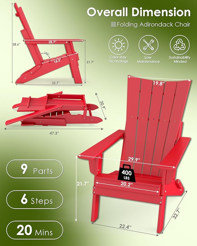 GREENVINES Folding-Adirondack-Chairs-Set-of-6 | HDPE Plastic | Arch Series | Fire Pit Chair | All Weather | for Outdoor Patio Deck Backyard Poolside | Red