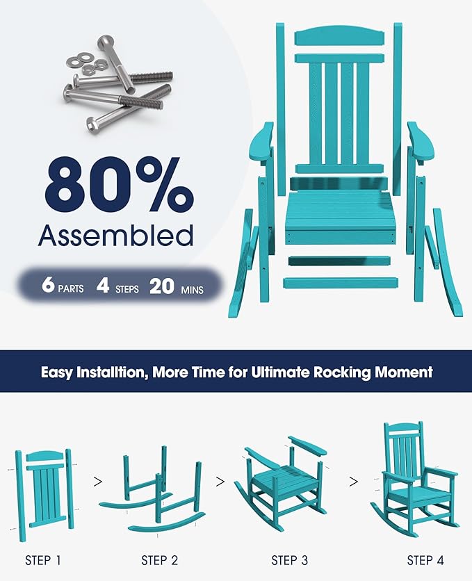 KINGYES Outdoor Rocking Chair Set of 2, HDPE Patio Rocking Chairs with 330lbs Support for Adults, Aruba Blue