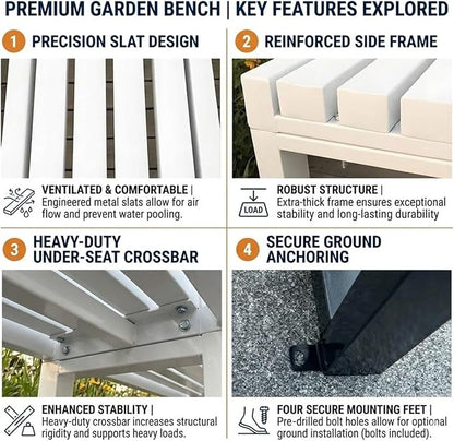 Backless Patio Bench Outdoor Metal Bench, 3.3ft 3.9ft 4.9ft 5.9ft Weatherproof Garden Benches 2-Person Outside Chair for Yard Porch Entryway Sturdy Steel Frame Furniture(White,3.3ft)