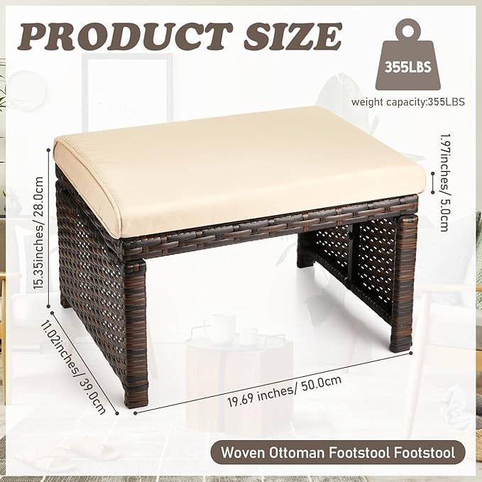 2 Pcs Patio Rattan Ottomans Outdoor Wicker Ottomans Patio Footstool Footrest with Removable Cushion Soft Zippered - Photo 2
