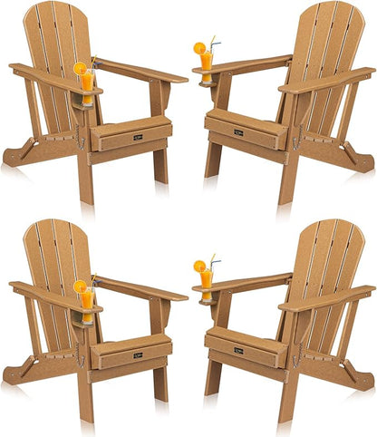 VINGLI Plastic Adirondack Chairs Set of 4, Folding with Cup Holder, Waterproof HDPE Material, Comfortable 380lb Weight Capacity for Outdoor Pool Patio Lounge Chair Lawn Furniture Firepit (Teak)