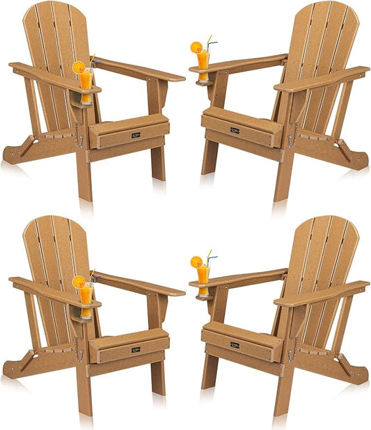 VINGLI Plastic Adirondack Chairs Set of 4, Folding with Cup Holder, Waterproof HDPE Material, Comfortable 380lb Weight Capacity for Outdoor Pool Patio Lounge Chair Lawn Furniture Firepit (Teak)