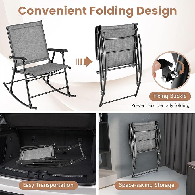 Tangkula Folding Rocking Chairs Set of 4, Patio Rockers with Breathable Seat Fabric & Sturdy Metal Frame, Smooth Rocking Motion, Heavy-Duty Outdoor Rocker for Backyard, Front Porch, Poolside