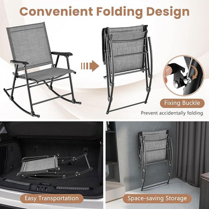 Tangkula Folding Rocking Chairs Set of 4, Patio Rockers with Breathable Seat Fabric & Sturdy Metal Frame, Smooth Rocking Motion, Heavy-Duty Outdoor Rocker for Backyard, Front Porch, Poolside