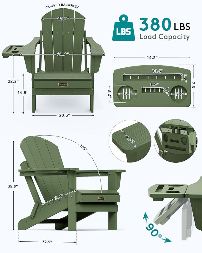 SERWALL Folding Adirondack Chair, Paito Adirondack Chairs with 4-in-1 Multi-Functional Cup Holder, Outdoor Chairs - Photo 3