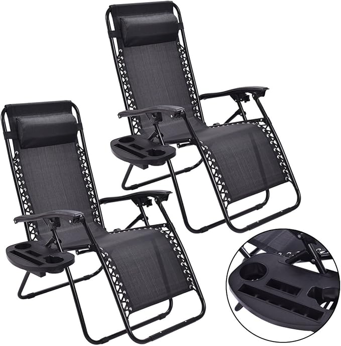 Giantex 2 PCS Zero Gravity Chair Patio Chaise Lounge Chairs Outdoor Yard Pool Recliner Folding Lounge Chair with Cup Holder (Black)