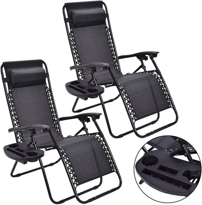 Giantex 2 PCS Zero Gravity Chair Patio Chaise Lounge Chairs Outdoor Yard Pool Recliner Folding Lounge Chair with Cup Holder (Black)