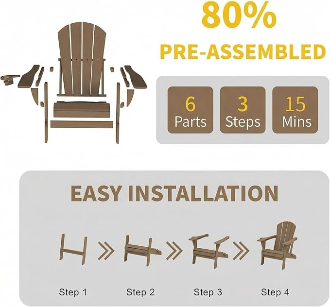 Kingdura Folding Adirondack Chairs Set of 2, Portable HDPE All Weather Resistant Outdoor Patio Chair, Wooden Textured with Cup Holder, 380LBS Capacity for Poolside, Backyard, Fire Pit (Brown)