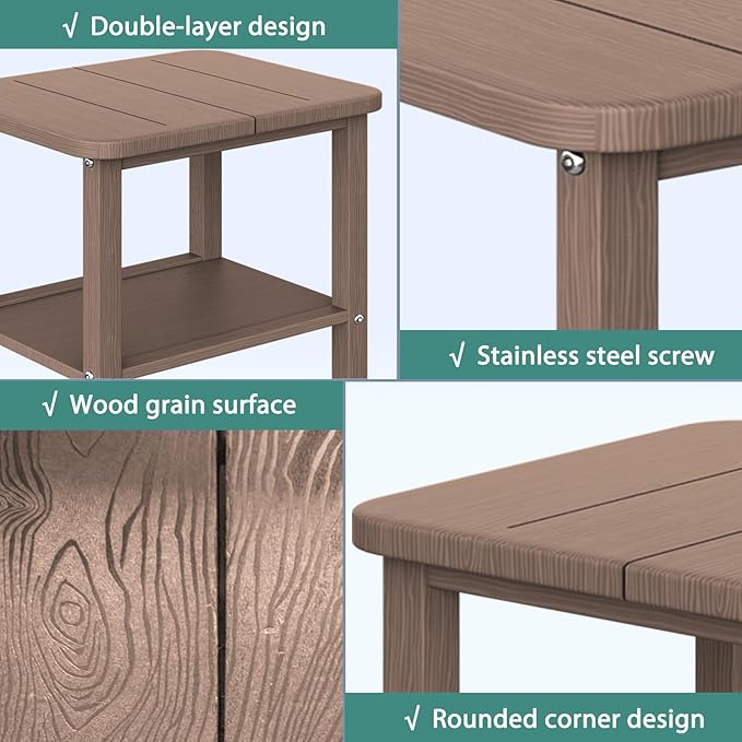 Double Patio Side Table, Outdoor HDPE Adirondack End Table for Patio, Backyard, Garden, Pool, Lawn,Brown
