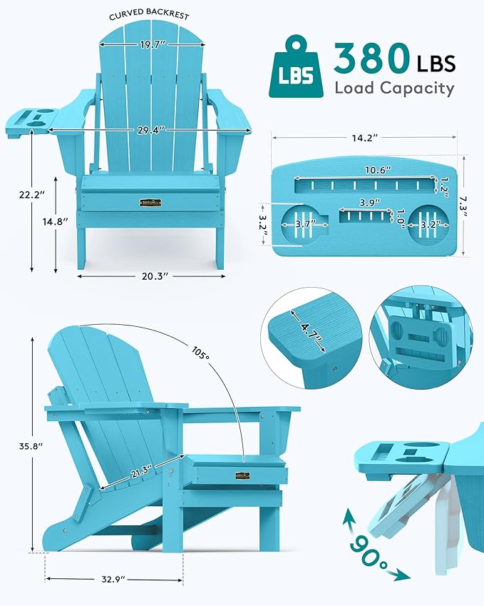 SERWALL Folding Adirondack Chair Set of 2 with 4 in 1 Cup Holder, HIPS Adirondack Chairs, Wood Texture, Weather Resistant Plastic Chairs for Patio Garden Outdoors Fire Pit Chairs - Coffee