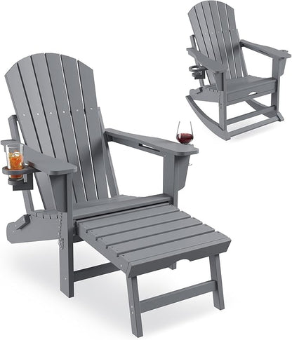 PeakPursuit Adirondack Outdoor Rocking Chairs with Two Cup Holders, HDPE All Weather Outdoor Adirondacks Rocking Chair with Retractable Ottoman