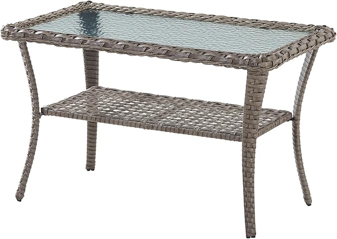 Belord 38 Inch Outdoor Coffee Table with 2 Tier Storage - Wicker Coffee Table with Water Ripple Texture Tempered Glass Top, All Weather Patio Coffee Table for Deck Porch Balcony Garden Gray