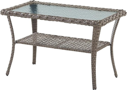 Belord 38 Inch Outdoor Coffee Table with 2 Tier Storage - Wicker Coffee Table with Water Ripple Texture Tempered Glass Top, All Weather Patio Coffee Table for Deck Porch Balcony Garden Gray