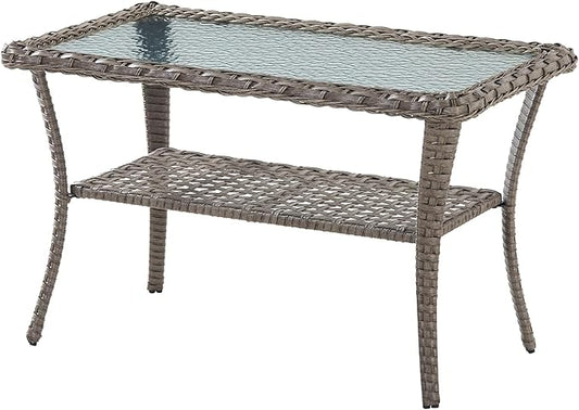 Belord 38 Inch Outdoor Coffee Table with 2 Tier Storage - Wicker Coffee Table with Water Ripple Texture Tempered Glass Top, All Weather Patio Coffee Table for Deck Porch Balcony Garden Gray