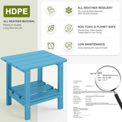 Set of 2 Outdoor Side Table, 2-Tier Small Patio End Table, Weather Resistant HDPE Adirondack Outdoor End Tables for Garden, Lawn, Pool, Beach, Porch, Deck, Backyard - Square, Turquoise