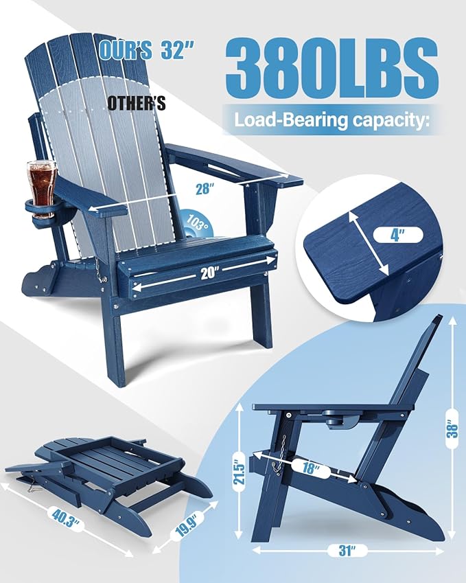 Adirondack Chair Outdoor Patio Backyard: Plastic HDPE Material with Folding - Weatherproof and UV Resistant - Ergonomic Design is Very Suitable for Family Members to Relax and Rest