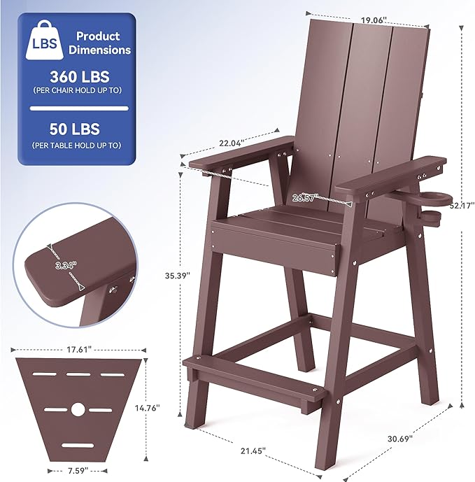 FOOWIN Tall Adirondack Chairs Set of 8,HDPE Adirondack Bar Stools with Connecting Tray & Cup Holders,Weather Resistant Balcony Chair for Outdoor Deck Lawn Pool Backyard Coffee