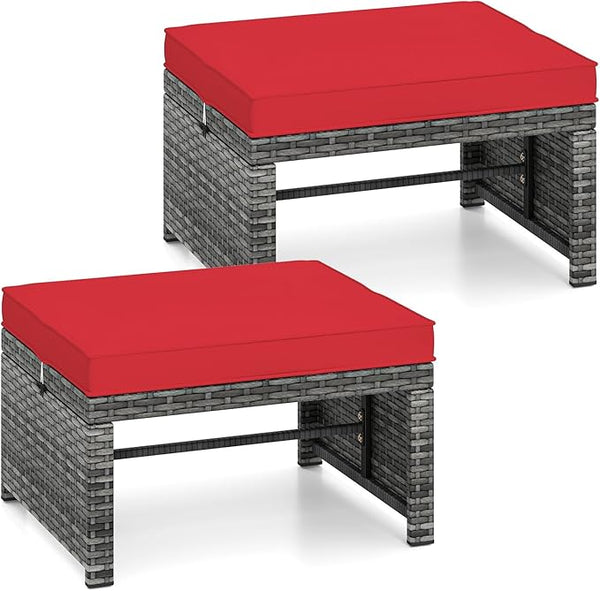 RELAX4LIFE Wicker Outdoor Ottoman Set of 2 - Rattan Footstools Foot Rest w/Removable Cushions - Photo 1