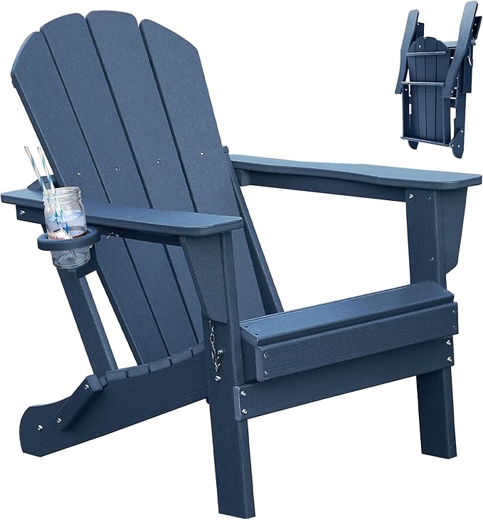 Adirondack Chair, Plastic Adirondack Chairs, HDPE Adirondack Chair, Folding Adirondack Chairs,Outdoor Chairs with Cup Holder for Lawn Patio Deck Fire Pit -Dark Blue