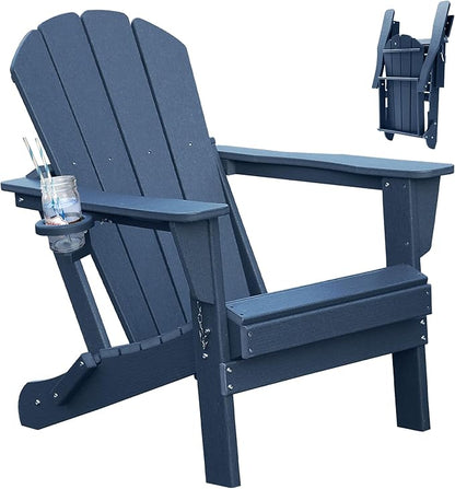 Adirondack Chair, Plastic Adirondack Chairs, HDPE Adirondack Chair, Folding Adirondack Chairs,Outdoor Chairs with Cup Holder for Lawn Patio Deck Fire Pit -Dark Blue