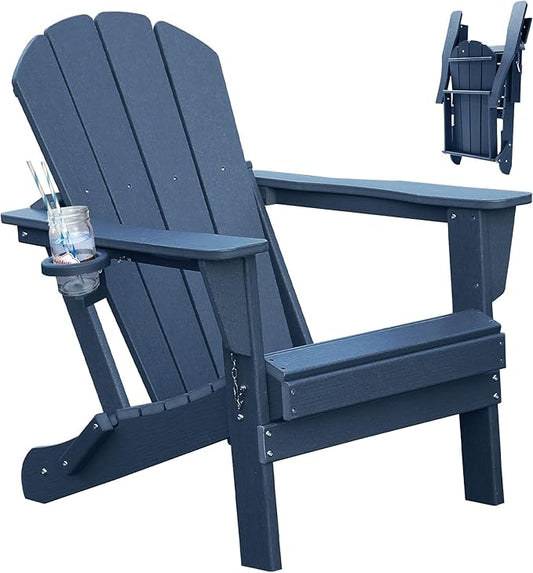 Adirondack Chair, Plastic Adirondack Chairs, HDPE Adirondack Chair, Folding Adirondack Chairs,Outdoor Chairs with Cup Holder for Lawn Patio Deck Fire Pit -Dark Blue