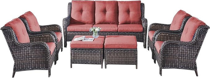 Rilyson Wicker Patio Furniture Chairs Set - 7 Piece Rattan Outdoor Sectional Conversation Sets with 1 Sofa,4 Armrest Chairs and 2 Ottomans for Porch Deck Garden(Brown/Red)