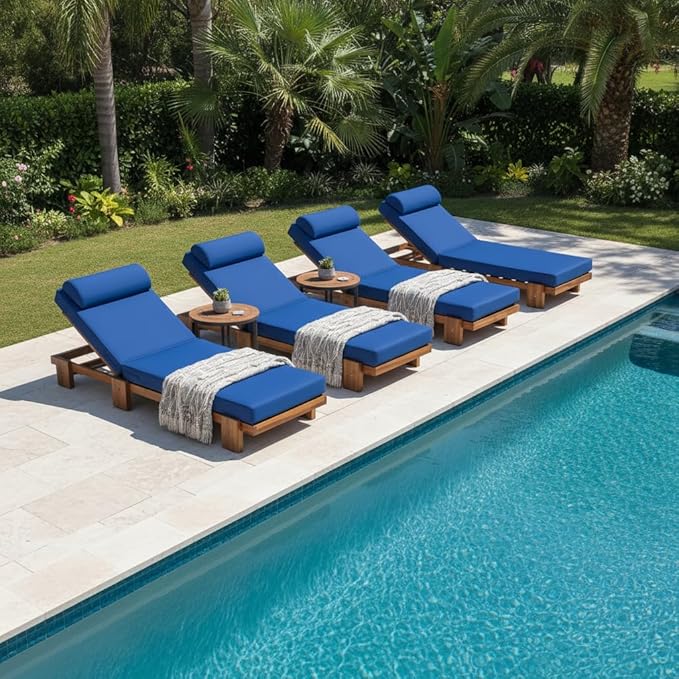 Merax 4 Piece 78.8'' Outdoor Patio Chaise Lounge Chair, Acacia Wood Adjustable Recliner with Headrest and Retractable Side Tray, Perfect for Terrace, Poolside, Garden, and Beach, Navy Blue
