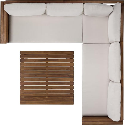 SAFAVIEH Outdoor Patio Furniture Collection - Napoli Teak Brown & Cream Solid Wood 4-Piece Sectional Sofa Set with Coffee Table, Durable Cushions, Modern Outdoor Seating (PAT6806A)