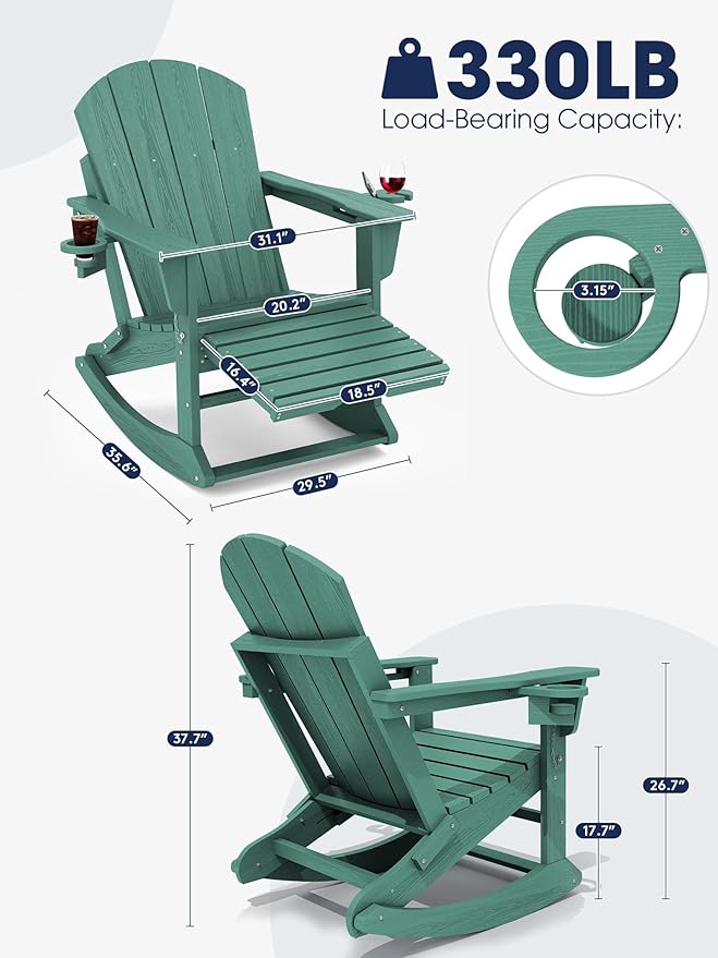 KINGYES Adirondack Rocking Chair Set of 4 with Retractable Ottoman and Cup Holders, HDPE Adirondack Rocker Patio Rocking Chair for Porch, Patio, Balcony, Leaf Green