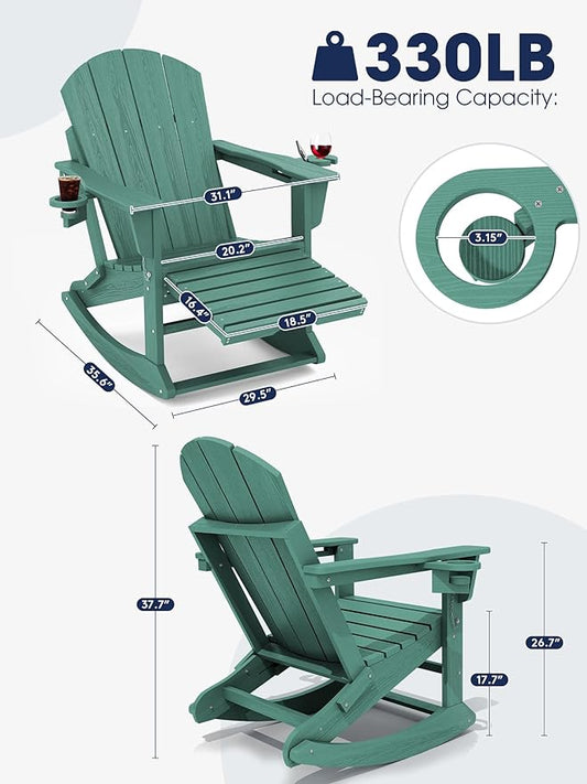 KINGYES Adirondack Rocking Chair Set of 4 with Retractable Ottoman and Cup Holders, HDPE Adirondack Rocker Patio Rocking Chair for Porch, Patio, Balcony, Leaf Green