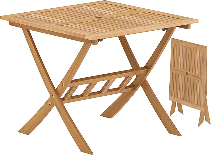 Tangkula 36" Acacia Wood Patio Dining Table, Square Folding Outdoor Bistro Table with Umbrella Hole and X-Shaped Frame - Photo 1