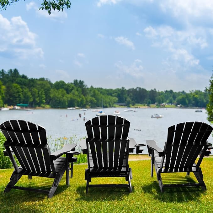 FUNBERRY Adjustable Folding Adirondack Chairs Set of 2 with Retractable Ottoman, All Weather Fire Pit Chairs with Cup Holder
