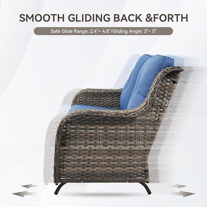Patio Loveseat Glider Set, Resin Wicker Loveseat Glider with 4 Swivel Patio Chiars Coffee Table 2 Side Table, 8 Piece Patio Conversation Loveseat Set, Grey Wicker|Blue Cushions