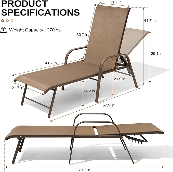 Crestlive Products Chaise Lounge Chair Outdoor with Armrests, Pool Lounge Chairs Set of 2 - Photo 2