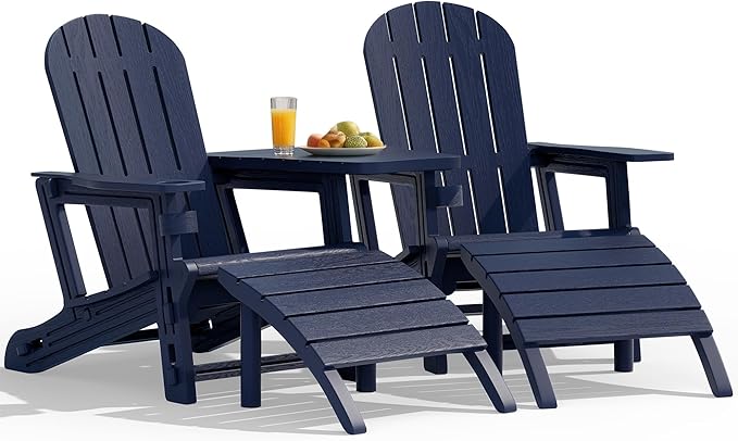Vongrasig Adirondack Chairs Set of 2 with Removable Tabletop and Footrest, All-Weather HDPE Outdoor Chair Set with Wooden Textured, Cup Holder for Patio, Poolside, Deck, Garden, Dark Blue