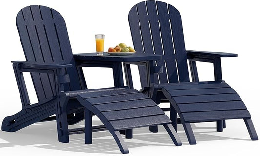 Vongrasig Adirondack Chairs Set of 2 with Removable Tabletop and Footrest, All-Weather HDPE Outdoor Chair Set with Wooden Textured, Cup Holder for Patio, Poolside, Deck, Garden, Dark Blue