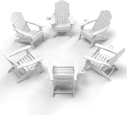 FOOWIN HDPE Adjustable Adirondack Chair Set of 6, 400lbs Heavy Duty Folding Patio Chairs with Cup Holder, 3-Position Reclining Fire Pit Seating, All-Weather Poly Lumber for Backyard, Deck - White