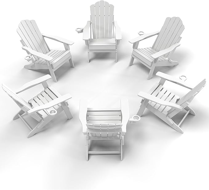 FOOWIN Adirondack Chair Set of 6, Folding HDPE Patio Chairs with Cup Holder, 400LBS Heavy Duty Fire Pit Chairs for Large Garden, Deck, Resort, Commercial Use,White