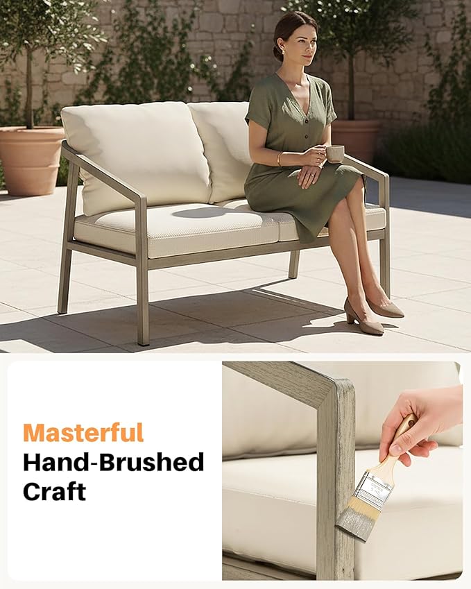 Outdoor Patio Loveseat, Never-Rust Aluminum Outdoor Loveseat Couch with Thick Cushions, Modern 2-Seater Patio Sofa Bench, Outdoor Sofa Loveseat Furniture for Poolside, Garden, Gray Oak | Never-Rust, Wood-Grain Texture, Wraparound Design, Removable Cush...