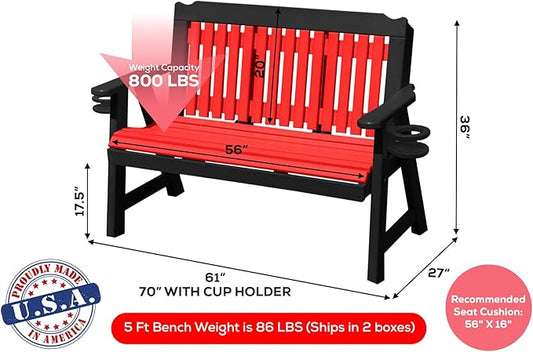 3-Person 5FT Plastic Poly Lumber Wood Cup Holders Bench Amish Craftsmanship Made in USA HDPE with No wood fibers Memorial Patio Outdoor Garden Porch Church Logan Series Signature design 800 lbs Limit