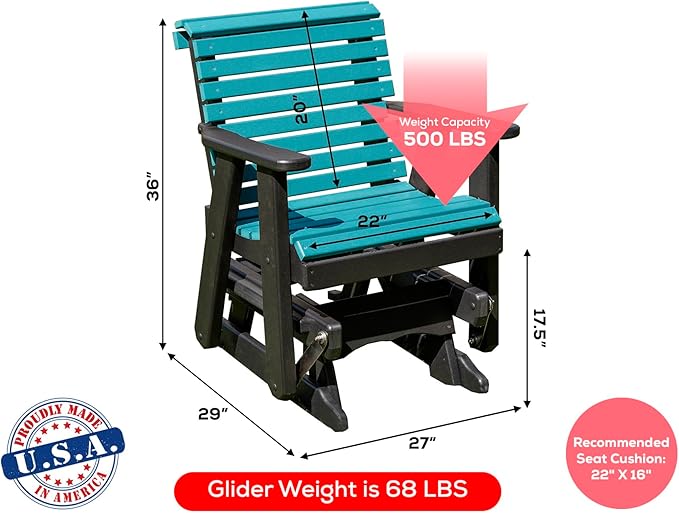 Amish Craftsmanship Made in USA 2FT Heavy Duty Poly Lumber Wood Porch Patio Glider HDPE with No Wood fibers Lancaster Series Rollback Design 500 lbs Limit Aruba on Black