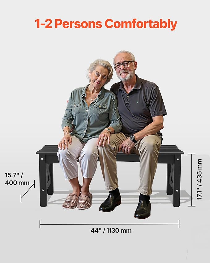 VEVOR Outdoor Bench, 44.5 inch, 600 lbs Weight Capacity, Weatherproof Plastic Frame with Adjustable Level Footpads and Thick Leg, Outside Bench for Patio, Garden, Park, Yard, Front Porch, Black