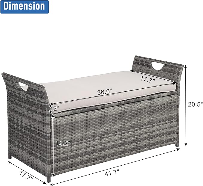Outvita 40 Gallon Outdoor Storage Box, Patio Rattan Storage Bench with Cushion for Backyard, Balcony, Poolside, Garden, Gray