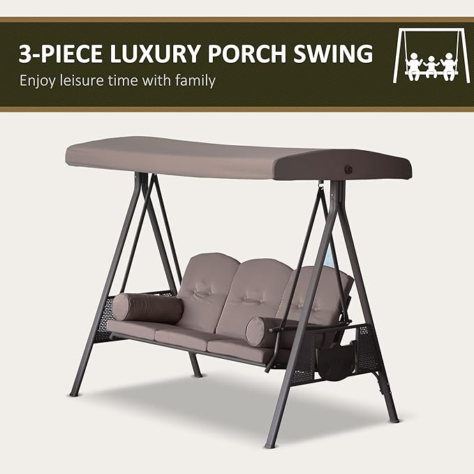 Outsunny 3-Seat Patio Swing Chair, Outdoor Porch Swing Glider with Adjustable Canopy, Removable Cushion - Photo 6