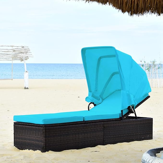 RELAX4LIFE Rattan Chaise Lounge Chair - PE Wicker Reclining Lounger with 5-Position Adjustable Backrest, Retractable Canopy, Side Table & Cushions, Sun Lounger for Garden, Porch & Beach (1, Turquoise)
