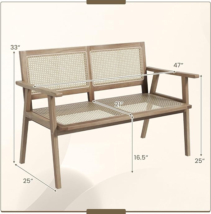 Tangkula Outdoor Teak Wood Garden Bench, 2-Person Patio Bench with Armrests, Rattan Backrest & Seat - Photo 3
